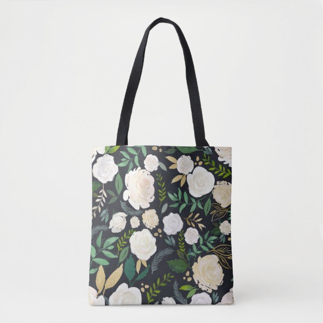 Faux Chalkboard Watercolor Flowers & Gold Glitter Tote Bag (Front)