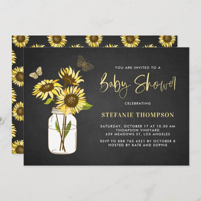 Faux Chalkboard Yellow Sunflowers Baby Shower Invitation (Front/Back)
