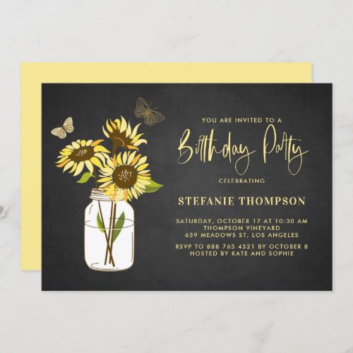 Faux Chalkboard Yellow Sunflowers Birthday Party Invitation