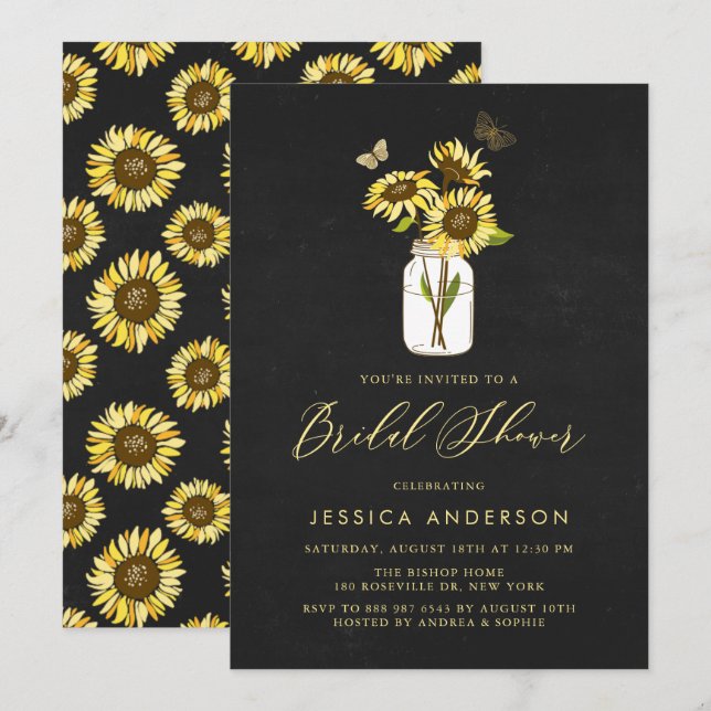 Faux Chalkboard Yellow Sunflowers Bridal Shower Invitation (Front/Back)