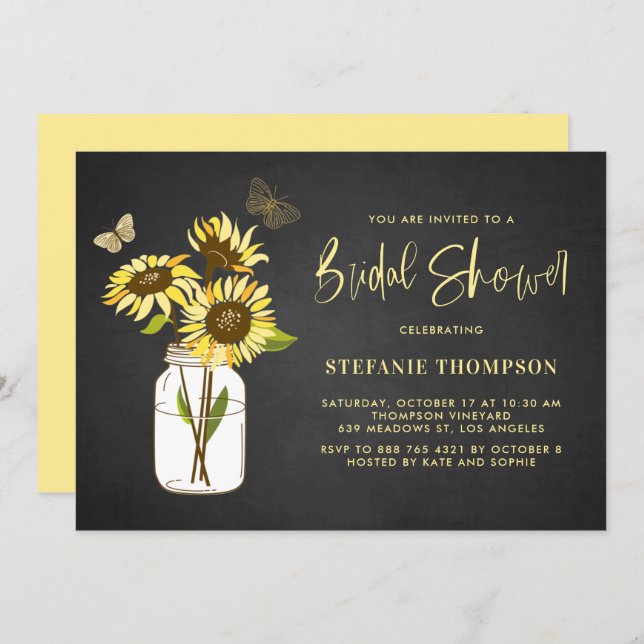 Faux Chalkboard Yellow Sunflowers Bridal Shower Invitation (Front/Back)