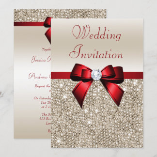 Faux Champagne Sequins Red Bow Wedding Invitation