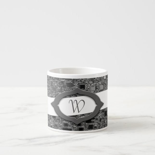 Faux Chrome Mini Box Design & Monogram Espresso Cup (Front)