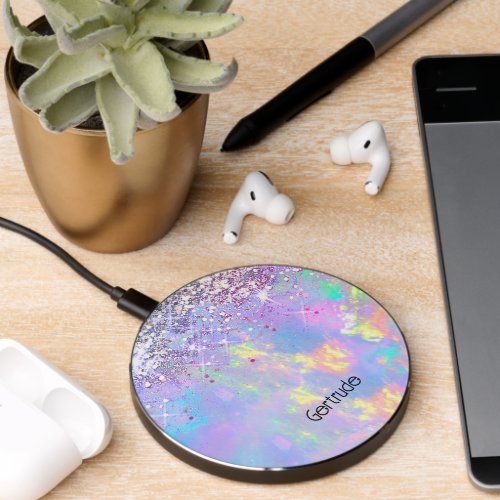 faux chunky glitter opal gemstone design wireless charger 