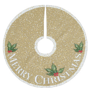 Faux Confetti & Holly Merry Christmas   Gold   Brushed Polyester Tree Skirt