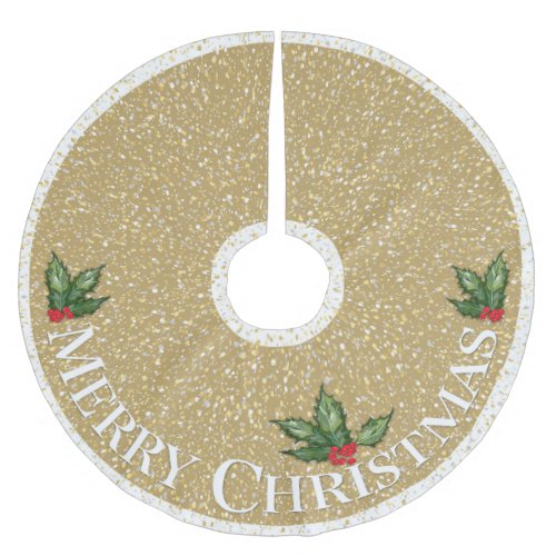 Faux Confetti  Holly Merry Christmas  Gold  Brushed Polyester Tree Skirt