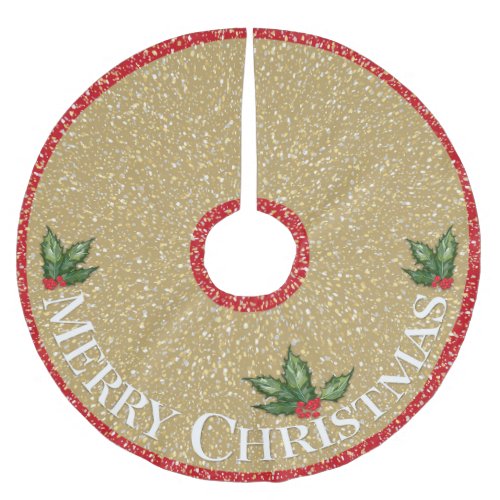 Faux Confetti  Holly Merry Christmas  Red  Brushed Polyester Tree Skirt