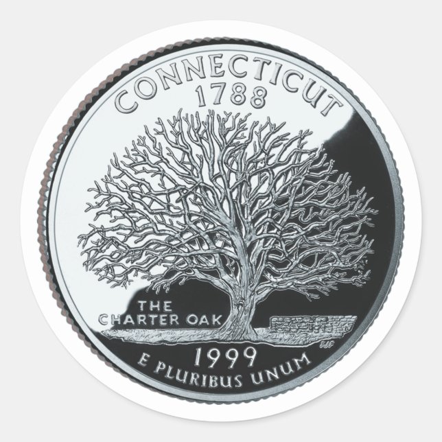 Faux Connecticut State Quarter Charter Oak Tree Classic Round Sticker (Front)