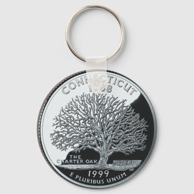 Faux Connecticut State Quarter Charter Oak Tree Keychain (Front)