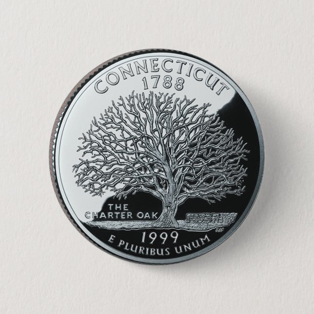 Faux Connecticut State Quarter Charter Oak Tree Pinback Button (Front)