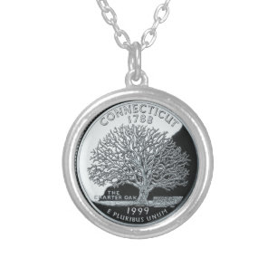 Faux Connecticut State Quarter Charter Oak Tree RD Silver Plated Necklace