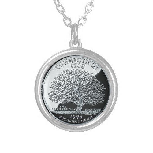 Faux Connecticut State Quarter Charter Oak Tree Silver Plated Necklace