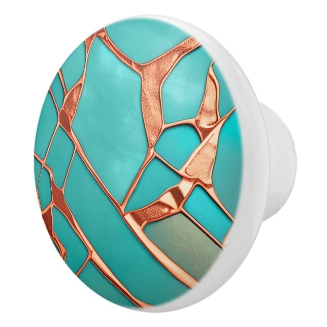 Faux copper lines over teal color background ceramic knob (Right)