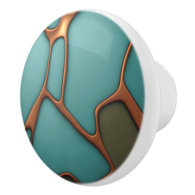 Faux copper lines over teal color background ceramic knob (Right)