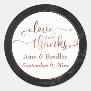 Faux Copper Love and Thanks Script w/ Black Marble Classic Round Sticker