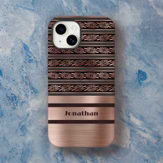 Faux Copper Rose Gold with Olive Raisin Damask