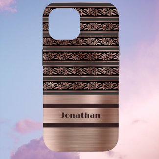 Faux Copper Rose Gold with Olive Raisin Damask