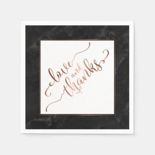 Faux Copper Script Love and Thanks w/ Black Marble Paper Napkins