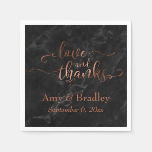 Faux Copper Script Love and Thanks w/ Black Marble Paper Napkins