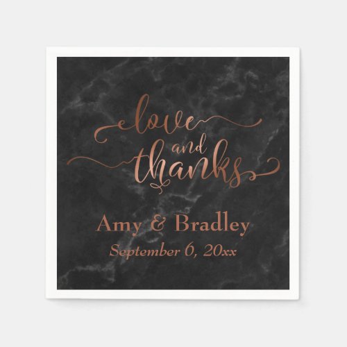 Faux Copper Script Love and Thanks w Black Marble Paper Napkins