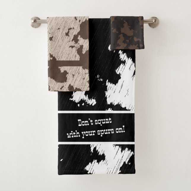 Faux Cow Print Black, White, Brown, and Cream Bath Towel Set (Insitu)
