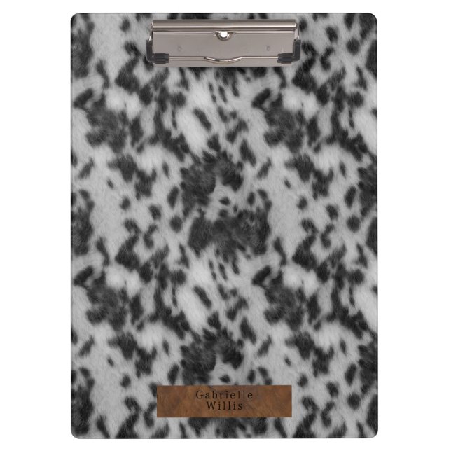 Faux Cowhide & Leather Animal Print Black & White Clipboard (Front)