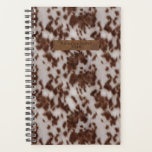 Faux Cowhide & Leather Animal Print Planner<br><div class="desc">Brown and white faux cowhide spotted pattern with your name on faux leather printed rectangle design at top of front.</div>