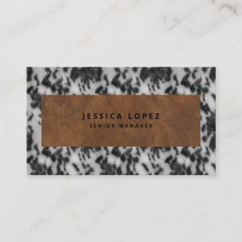 Faux Cowhide & Leather Rustic Animal Print Black Business Card by JillsPaperie at Zazzle