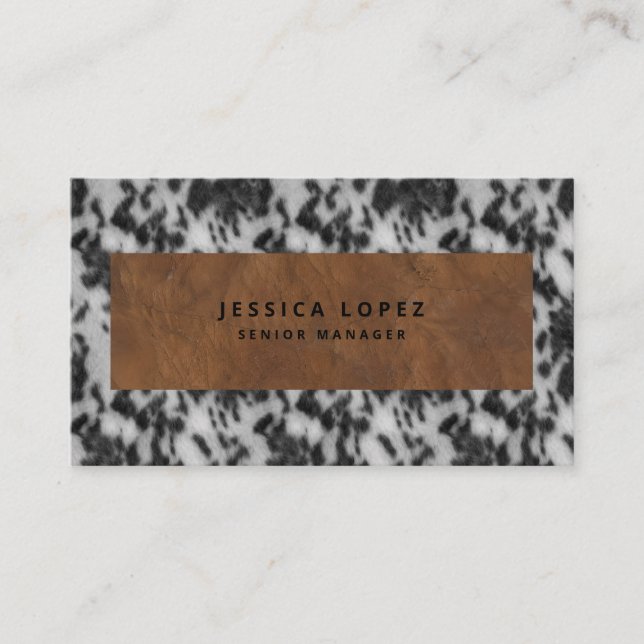 Faux Cowhide & Leather Rustic Animal Print Black Business Card (Front)