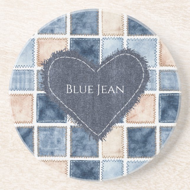 Faux Cream Denim Blue Jean Heart Coaster (Front)