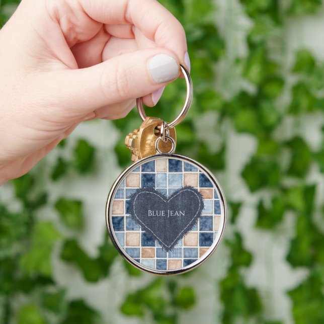 Faux Cream Denim Blue Jean Heart Keychain (Hand)