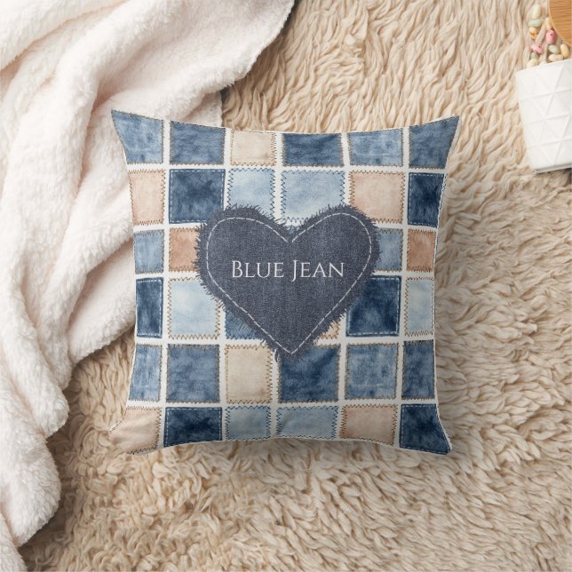 Faux Cream Denim Blue Jean Heart Throw Pillow (Blanket)