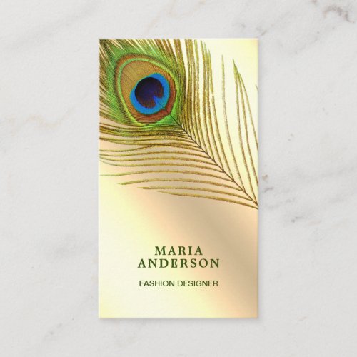 Faux Cream Gold Foil Green Indian Peacock Feather Business Card