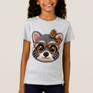 Faux Crochet Raccoon with Leopard Coquette Bow T-Shirt