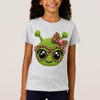 Faux Crochet Yarn Alien with Leopard Coquette Bow T-Shirt