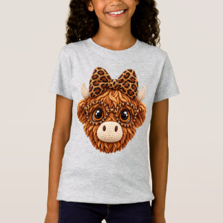 Faux Crochet Yarn Highland Cow Leopard Coquette T-Shirt