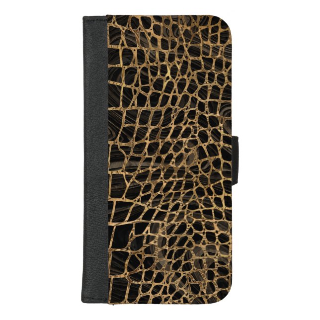 Faux Crocodile Black Liquid Marble and gold iPhone Wallet Case (Front)