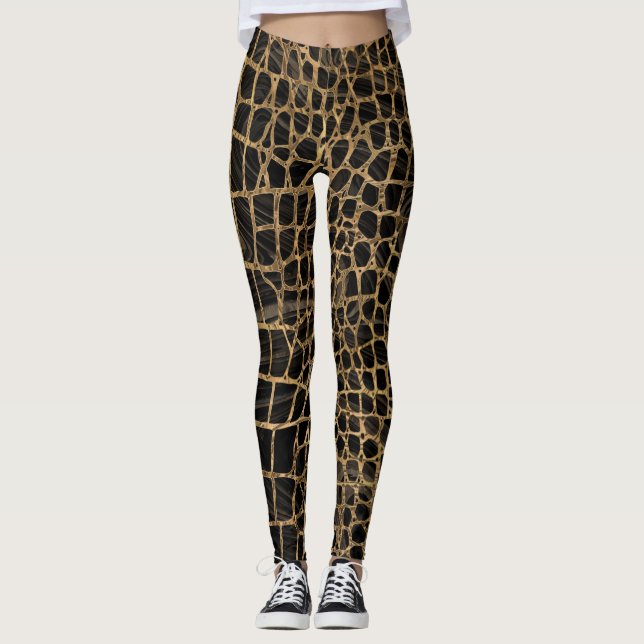 Faux Crocodile Black Liquid Marble and gold Leggings (Front)