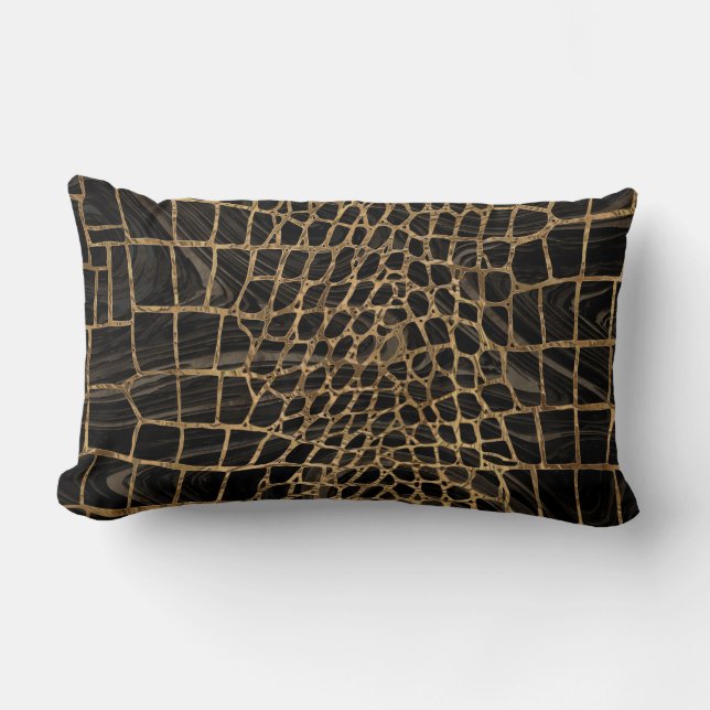 Faux Crocodile Black Liquid Marble and gold Lumbar Pillow (Front)