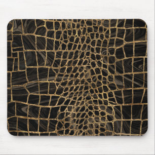 Faux Crocodile Black Liquid Marble and gold Mouse Pad