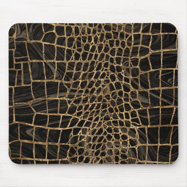 Faux Crocodile Black Liquid Marble and gold Mouse Pad (Front)