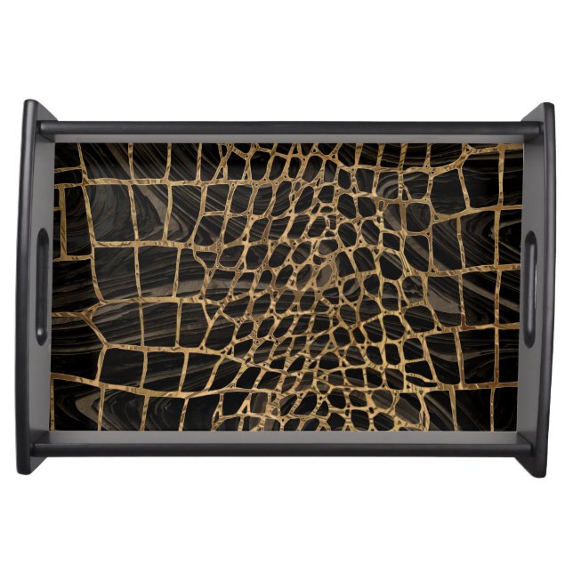 Faux Crocodile Black Liquid Marble and gold Serving Tray (Front)