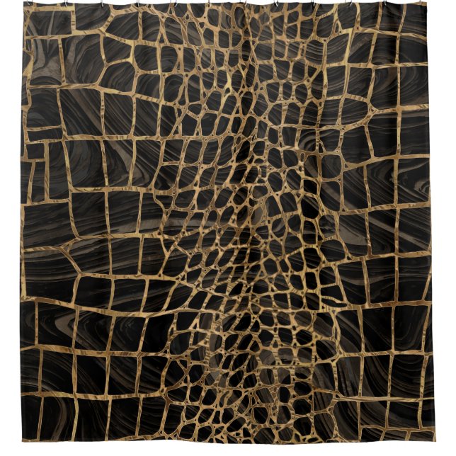 Faux Crocodile Black Liquid Marble and gold Shower Curtain (Front)