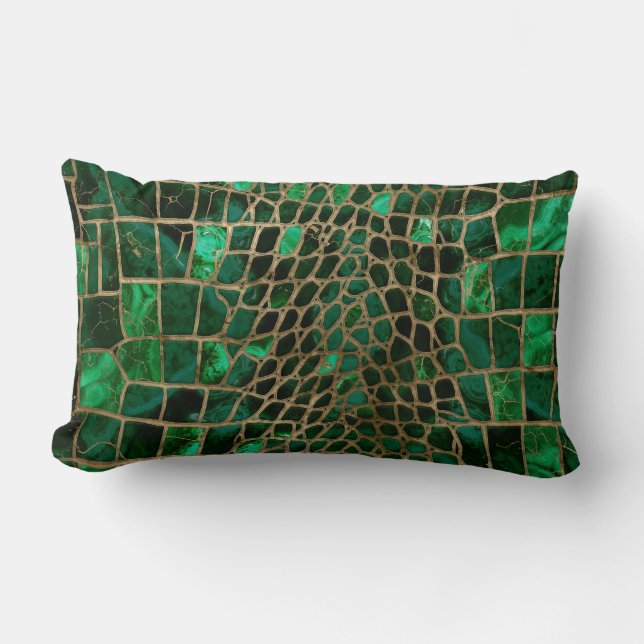 Faux Crocodile texture Malachite and gold Lumbar Pillow (Front)