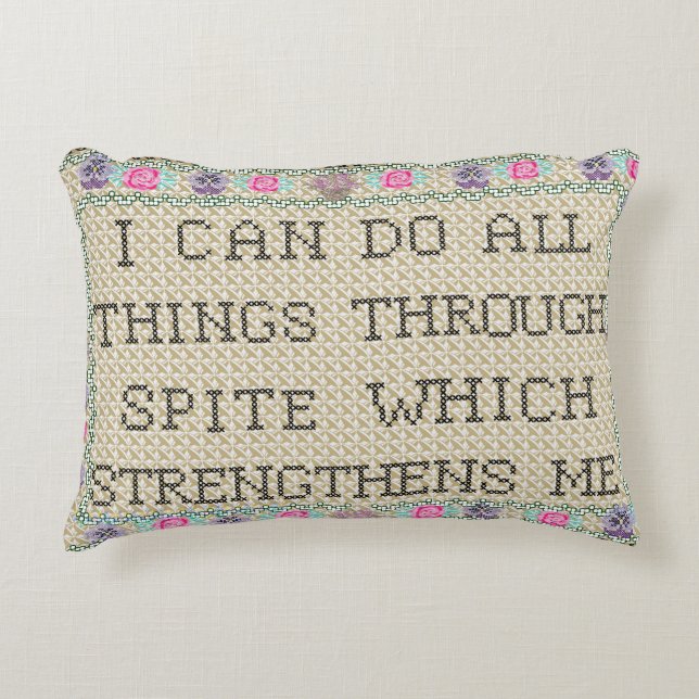 Faux Cross Stitch I can do all things spite Accent Pillow (Front)