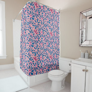 Faux Cutout Pink Blue Folk Art Inspired Shower Curtain