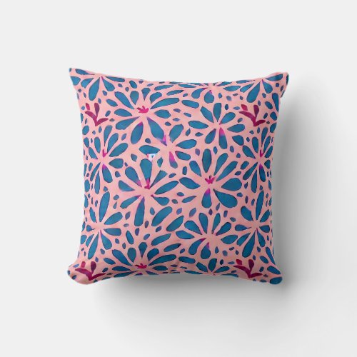 Faux Cutout Pink Blue Folk Art Inspired Throw Pillow