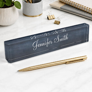 Faux Dark Blue Wood Desk Name Plate