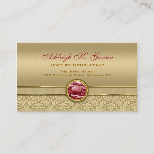 Faux Dark Ruby Red Gemstone Metallic Gold Damask Business Card (Front)