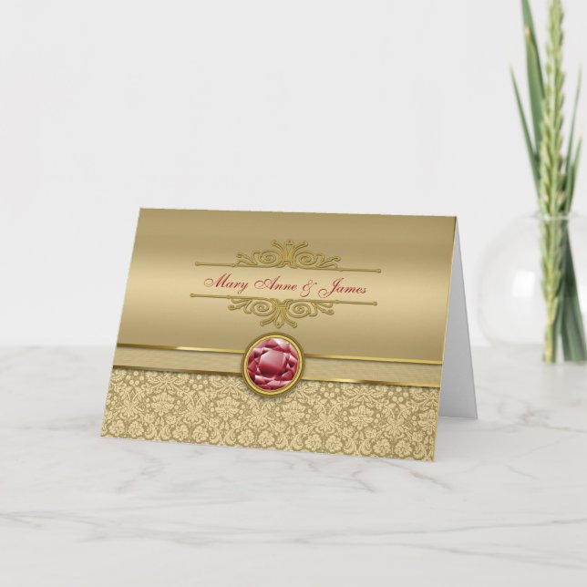 Faux Dark Ruby Red Gemstone Metallic Gold Damask Card (Front)